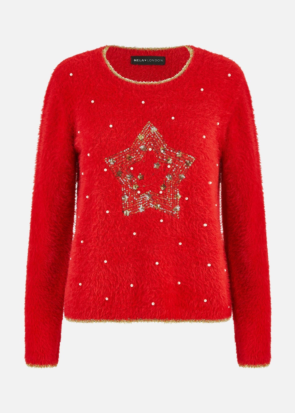 Mela Red Fluffy Star Christmas Jumper