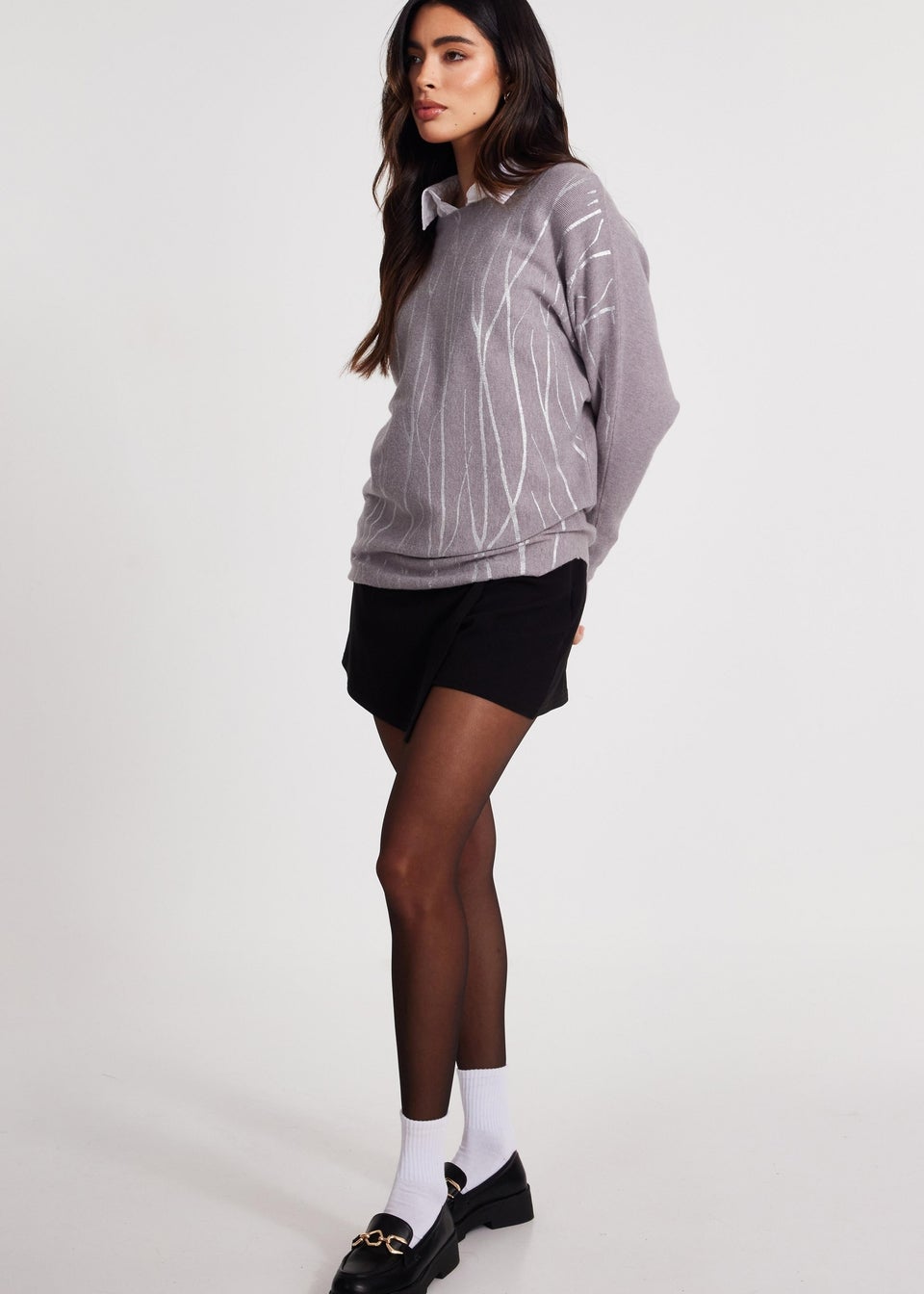 Quiz Grey Knit Foil Detail Jumper