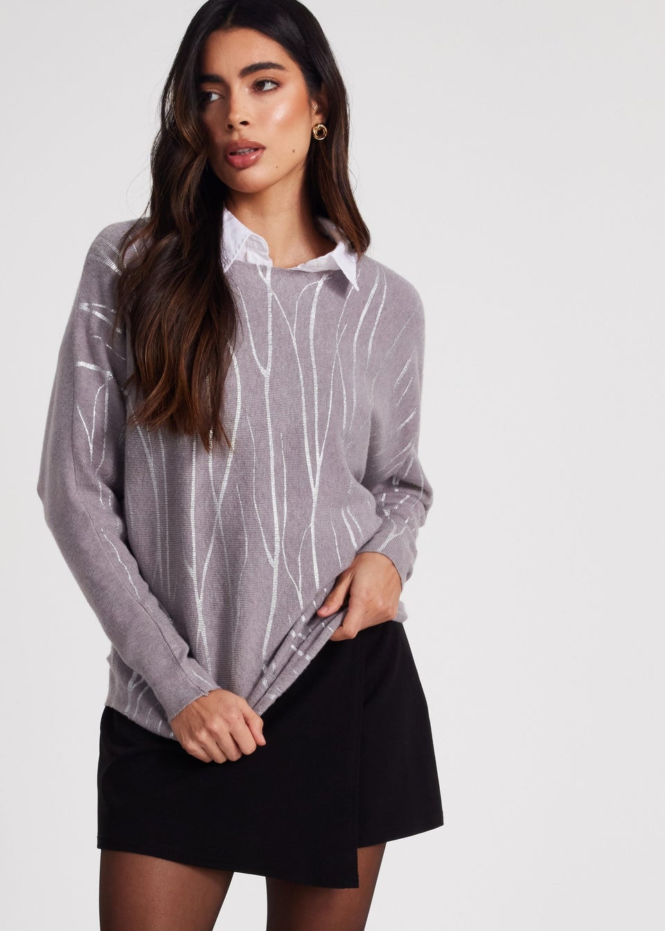 Quiz Grey Knit Foil Detail Jumper