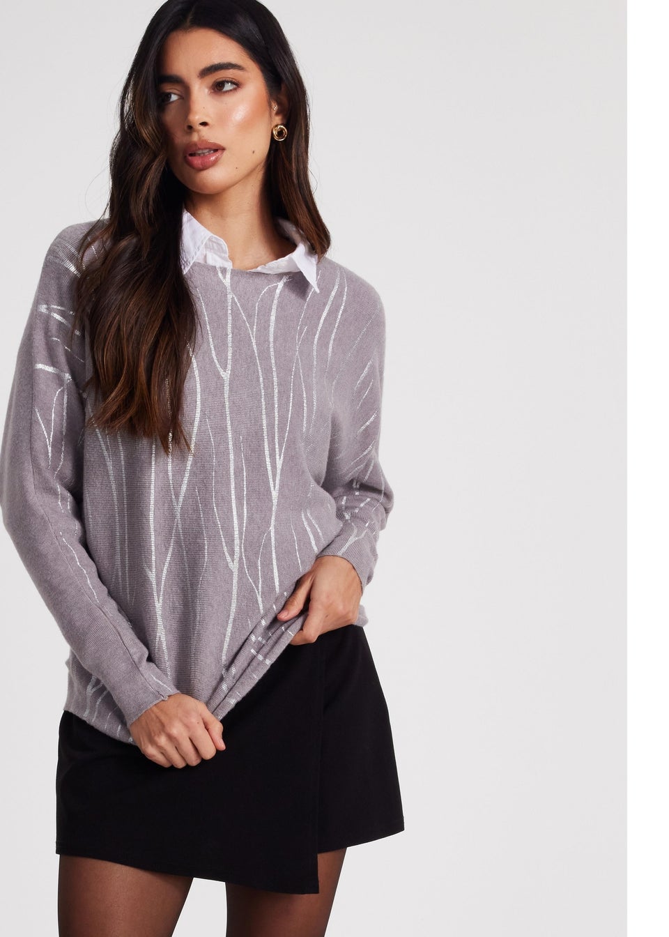 Quiz Grey Knit Foil Detail Jumper