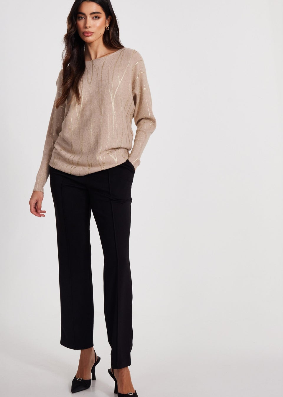 Quiz Beige Knit Foil Detail Jumper