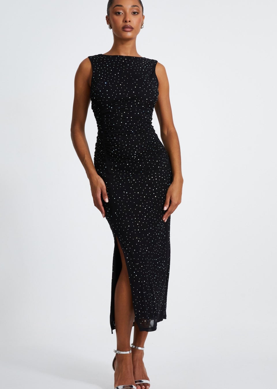 Quiz Black Mesh Embellished Midaxi Dress