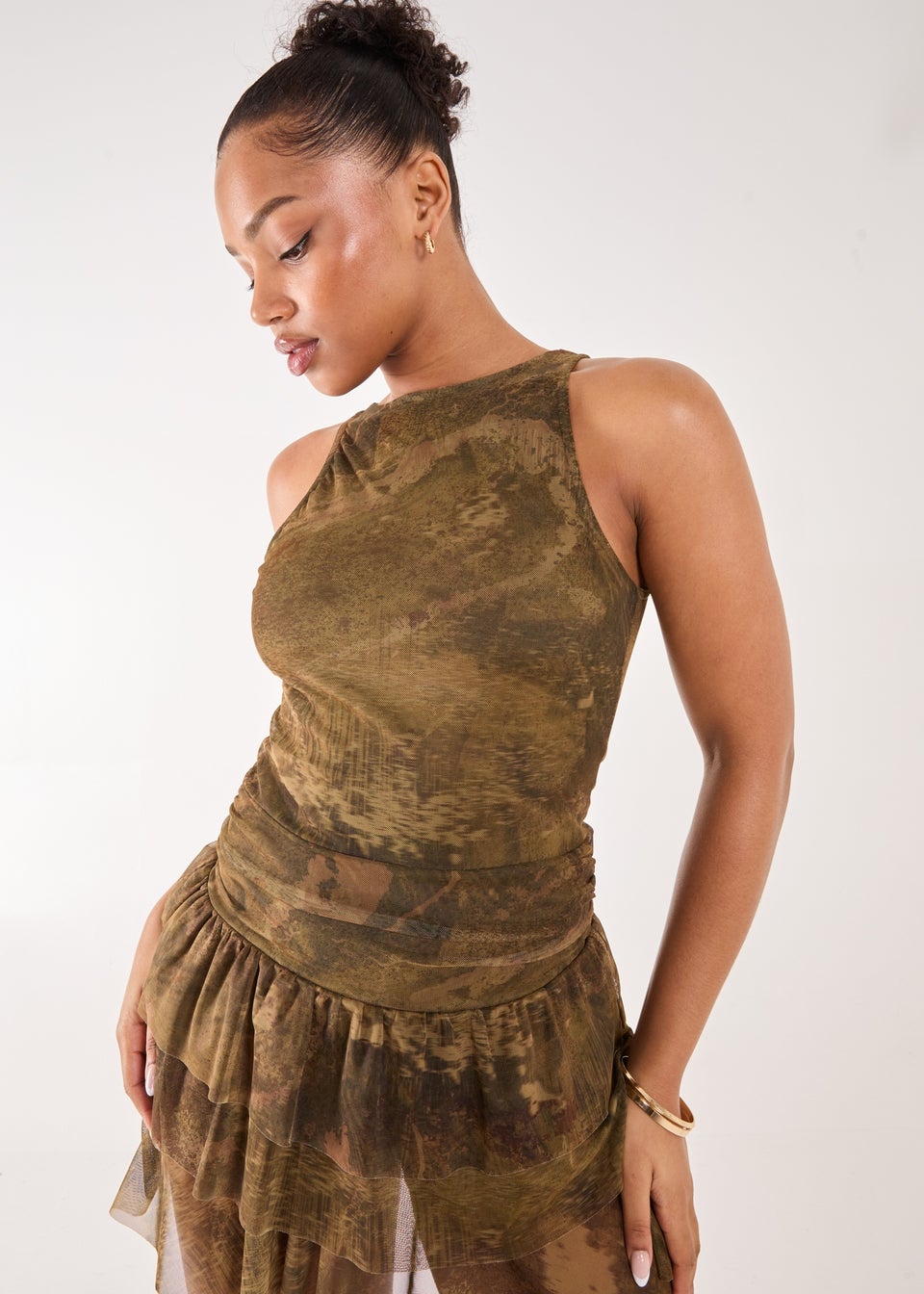Pink Vanilla Khaki Distressed Print Ruffle Playsuit