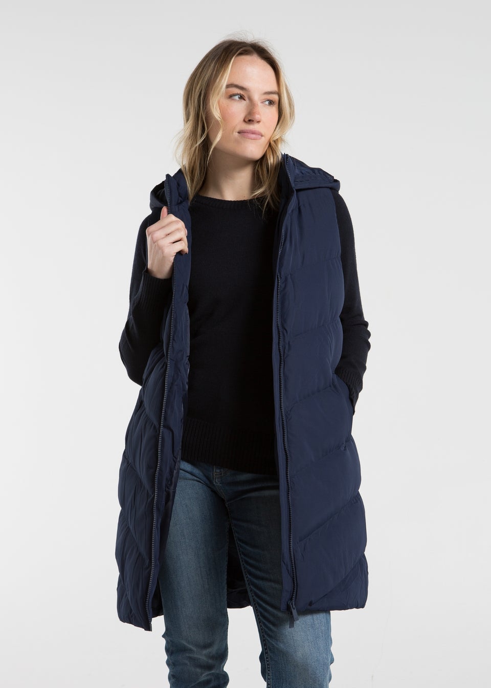 French Connection Midnight Blue Midi Quilted Gilet with Hood