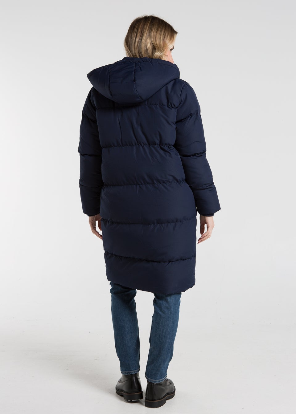 French Connection Midnight Blue Midi Quilted Puffer Jacket with Hood