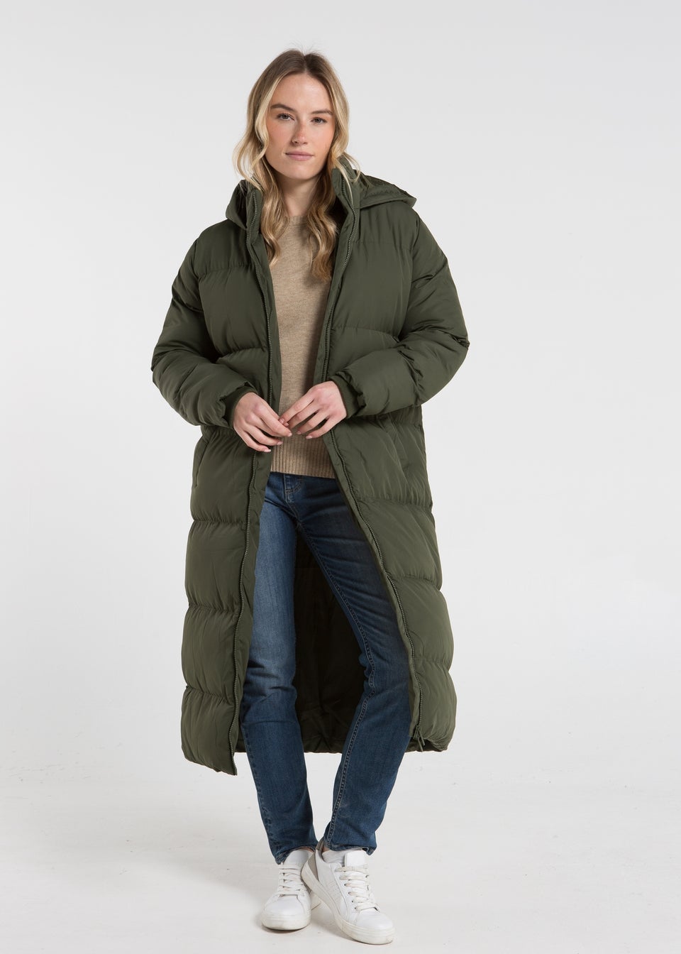 French Connection Khaki Longline Quilted Puffer Jacket with Hood Matalan