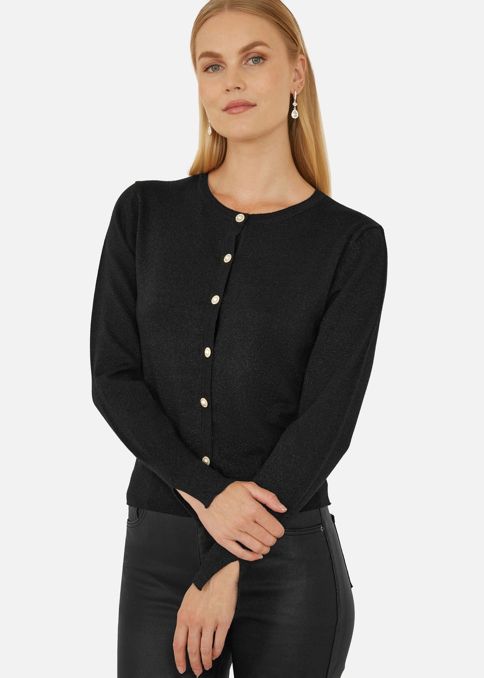 Yumi Black Metallic Knit Cardigan With Pearl Button Details