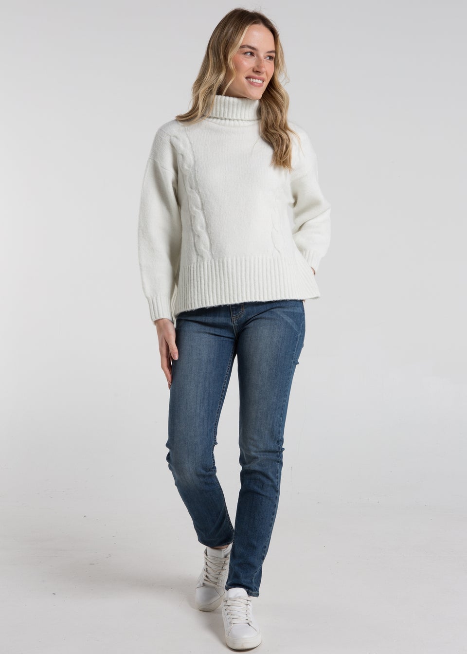 French Connection White Cable Knit Roll Neck Jumper
