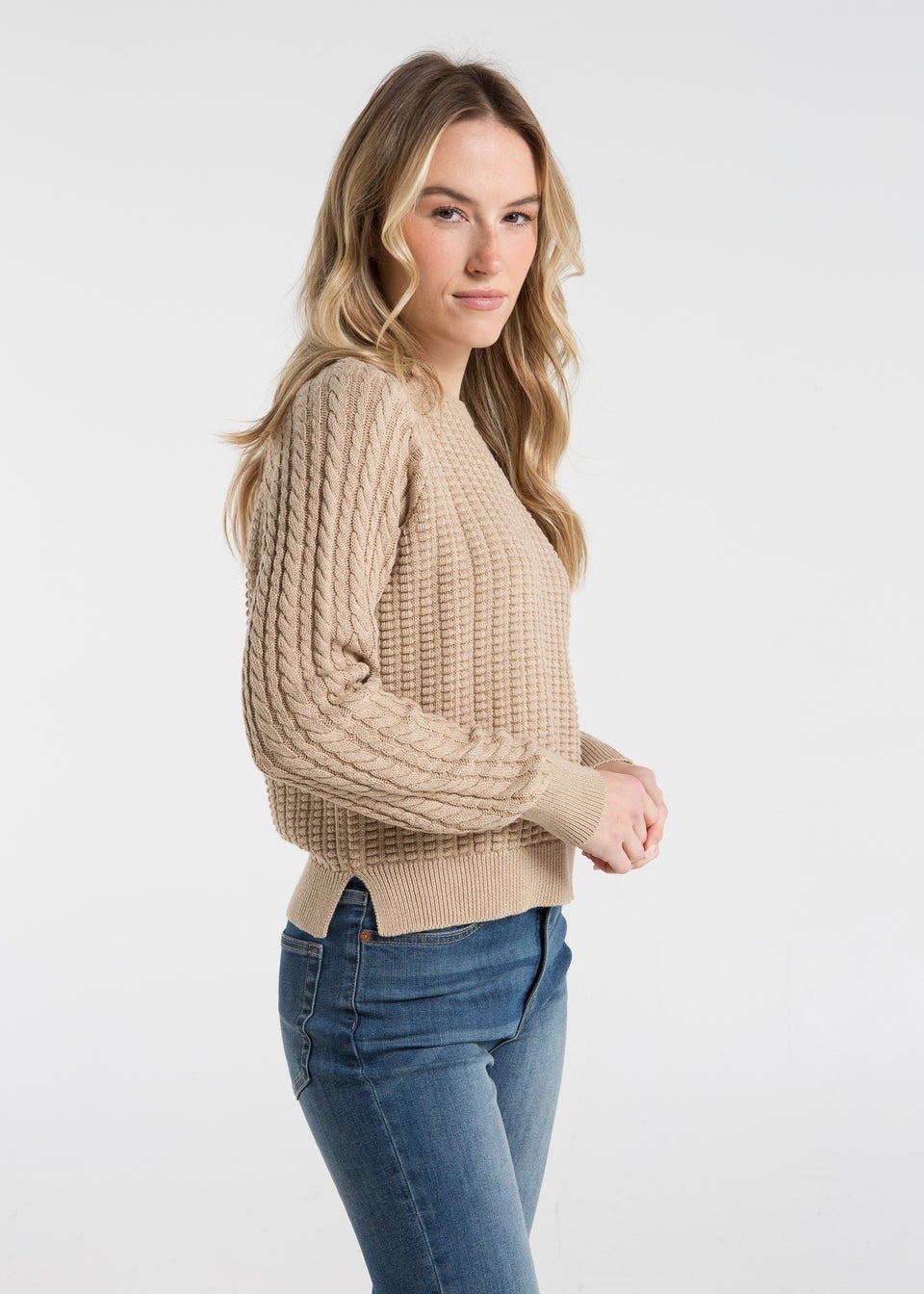 French Connection Camel Cotton Popcorn Style Cable Knit Crew Neck Jumper Matalan