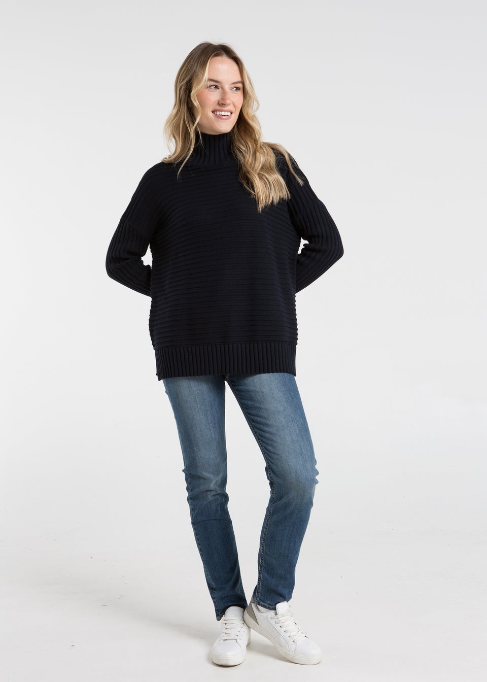 French Connection Navy Cotton Ribbed Knit High Neck Jumper