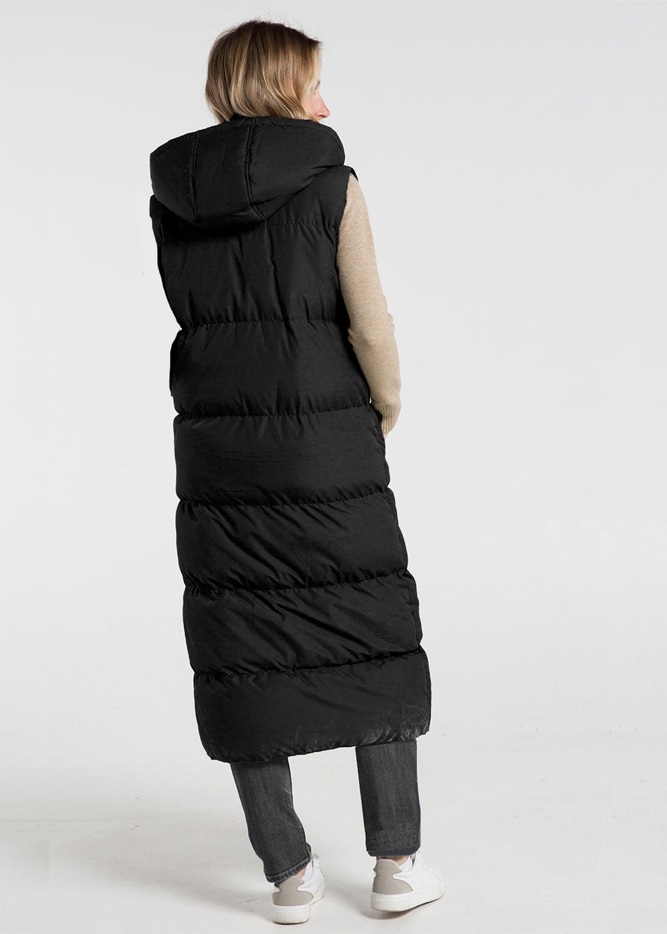 French Connection Black Longline Quilted Gilet with Hood