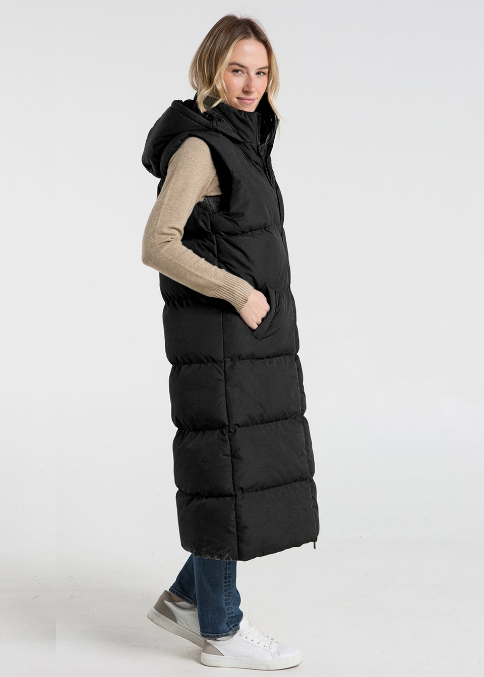 French Connection Black Longline Quilted Gilet with Hood
