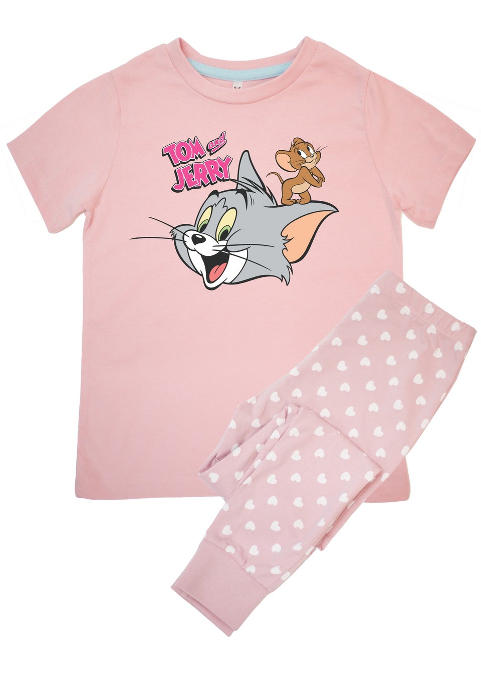 Tom & Jerry Heads Kids Pink Hearts Pyjamas (3-8 Years)