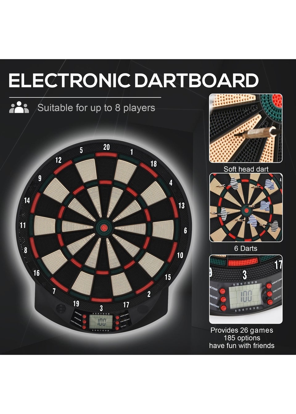 HOMCOM Electronic Dartboard 26 Games185 Variations with 6 Darts Ready-to-Play