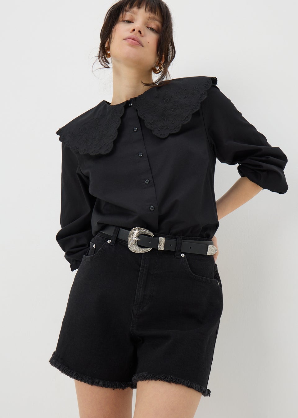 Papaya Petite Black Frayed Hem Denim Shorts