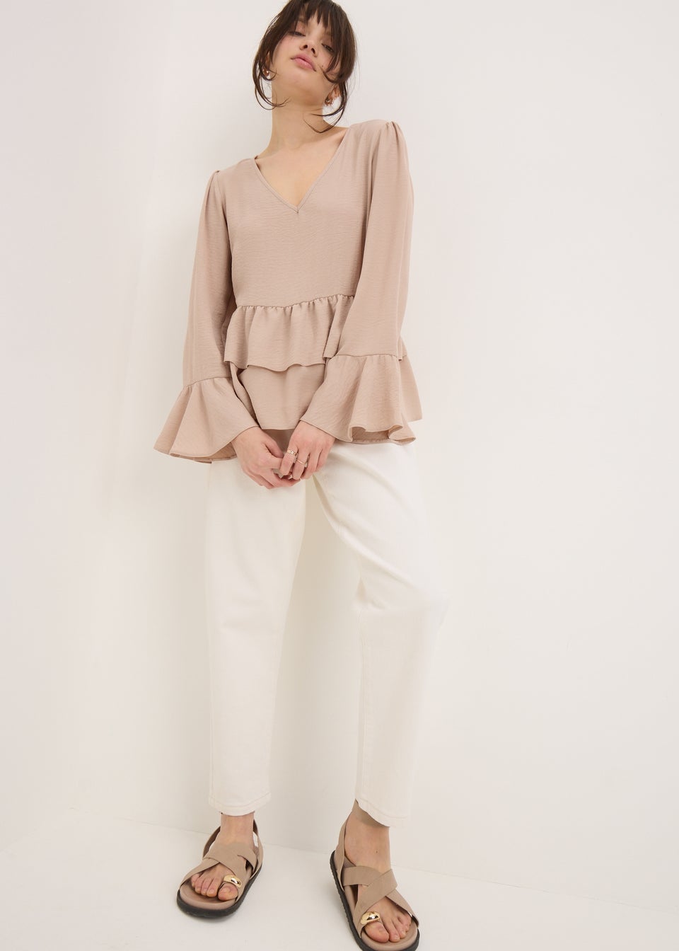 Stone V Neck Ruffle Blouse