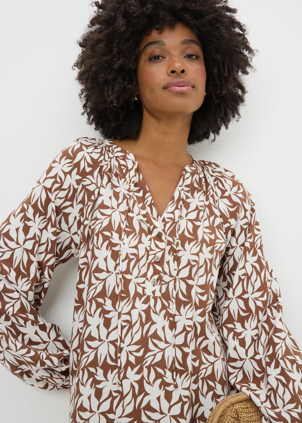 Brown Leaf Print Tunic Midaxi Dress