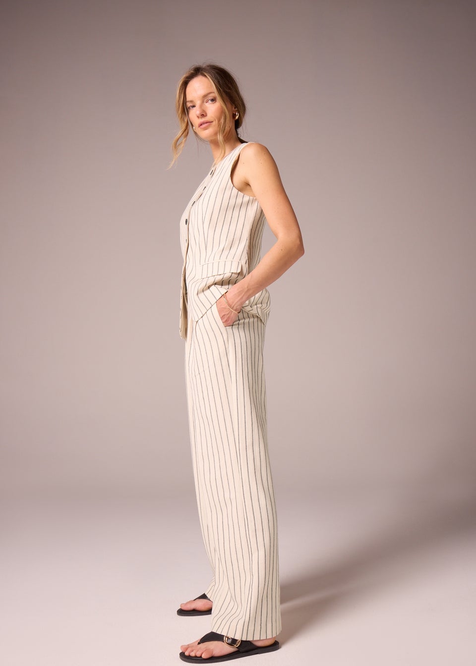 Et Vous Ivory Striped Linen Blend Waistcoat