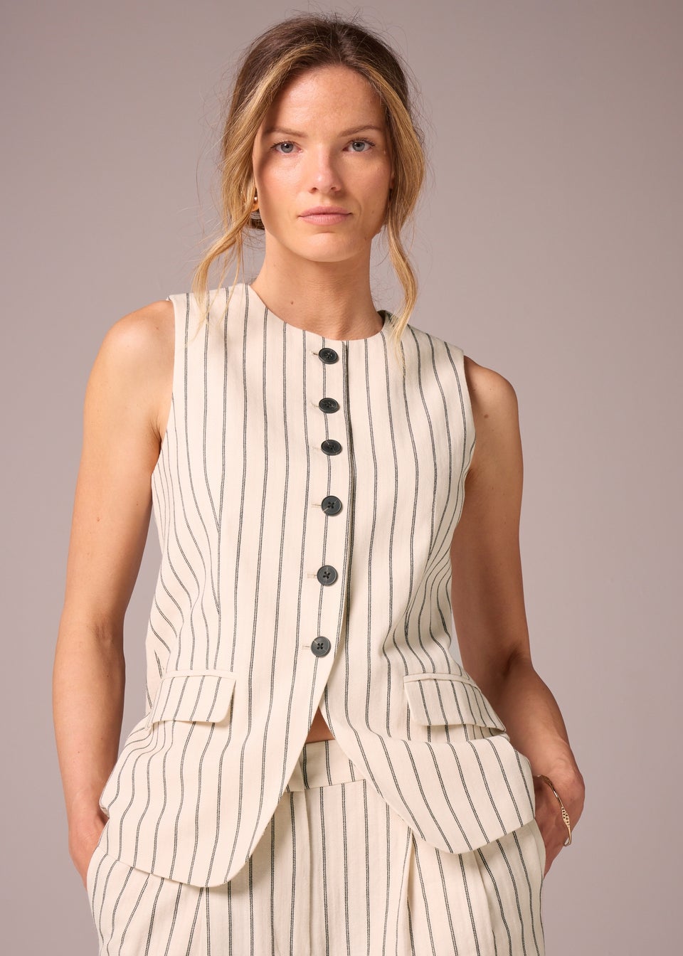 Et Vous Ivory Striped Linen Blend Waistcoat