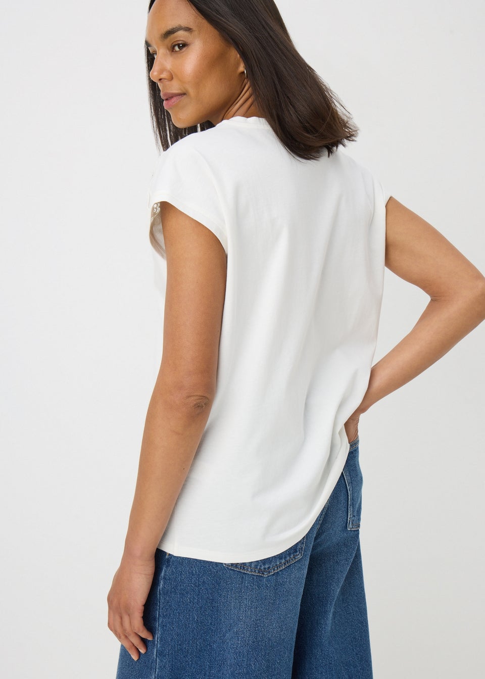 Cream Lace Trim V-Neck T-Shirt