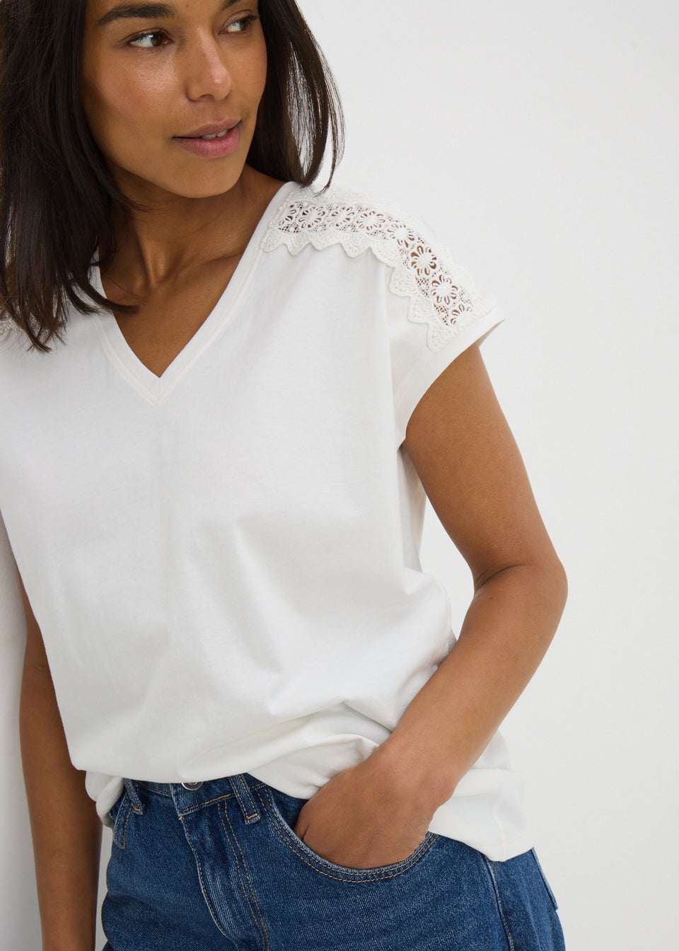 Cream Lace Trim V-Neck T-Shirt