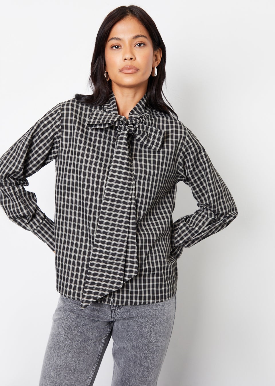 Threadbare Black Check Pussybow Detail Long Sleeve Shirt