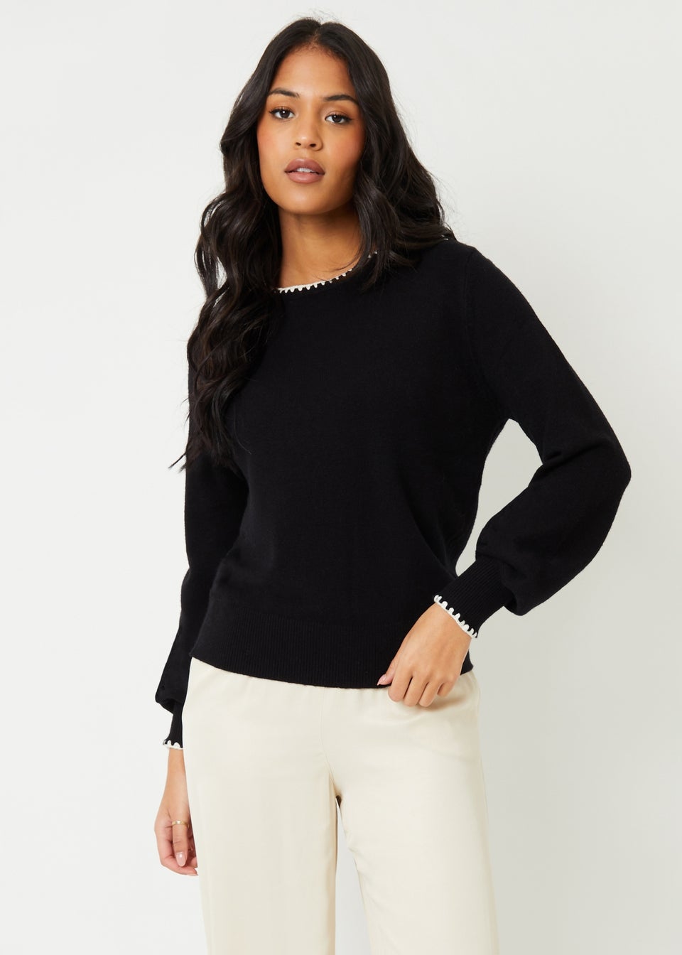 Threadbare Black Contrast Edge Balloon Sleeve Knitted Jumper