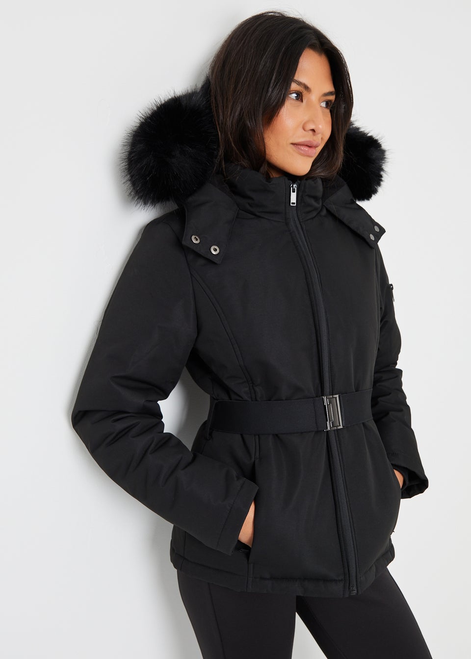 Threadbare Black Belted Padded Ski Jacket