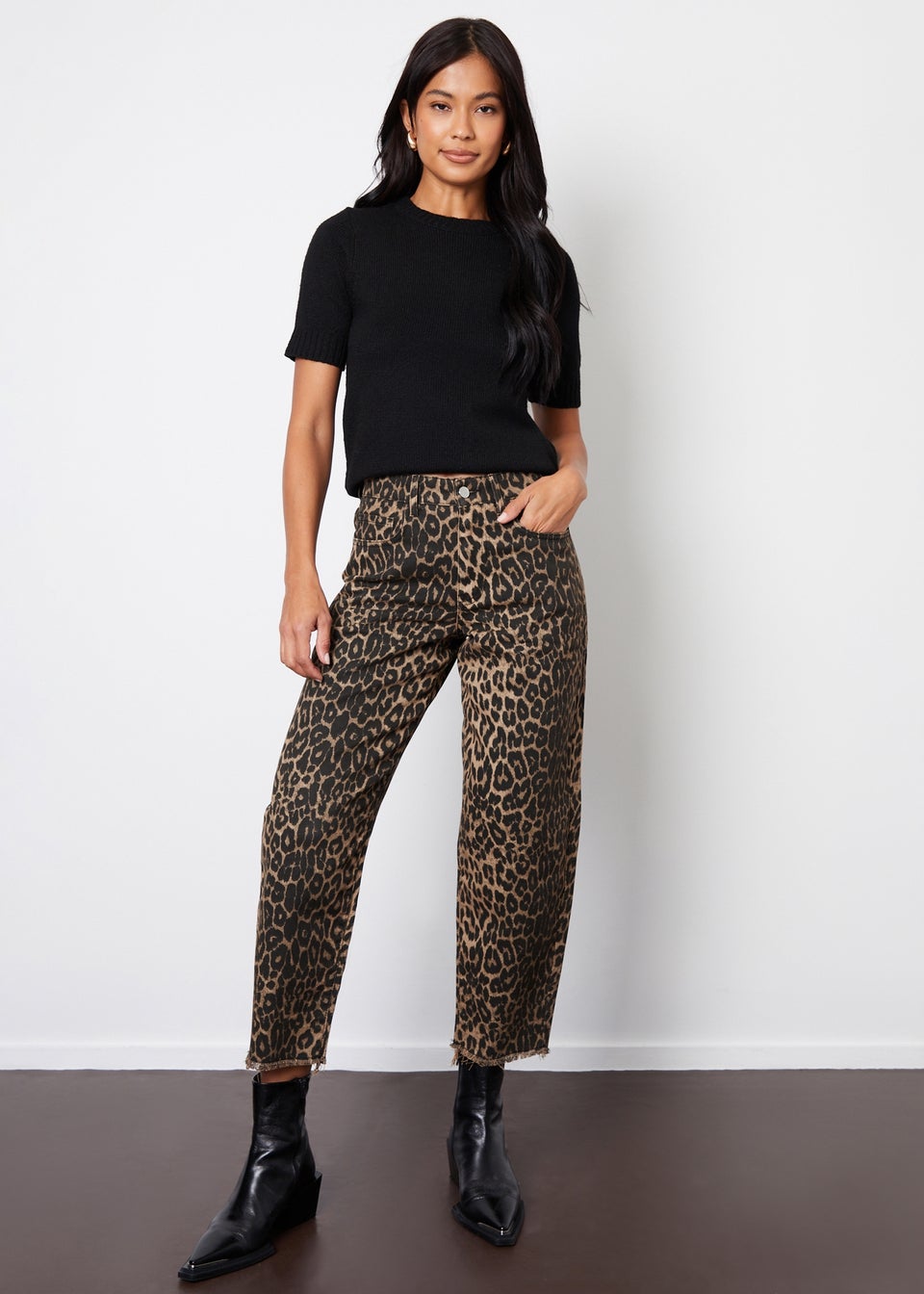 Threadbare Brown Leopard Print Barrel Leg Denim Jeans With Raw Hem 