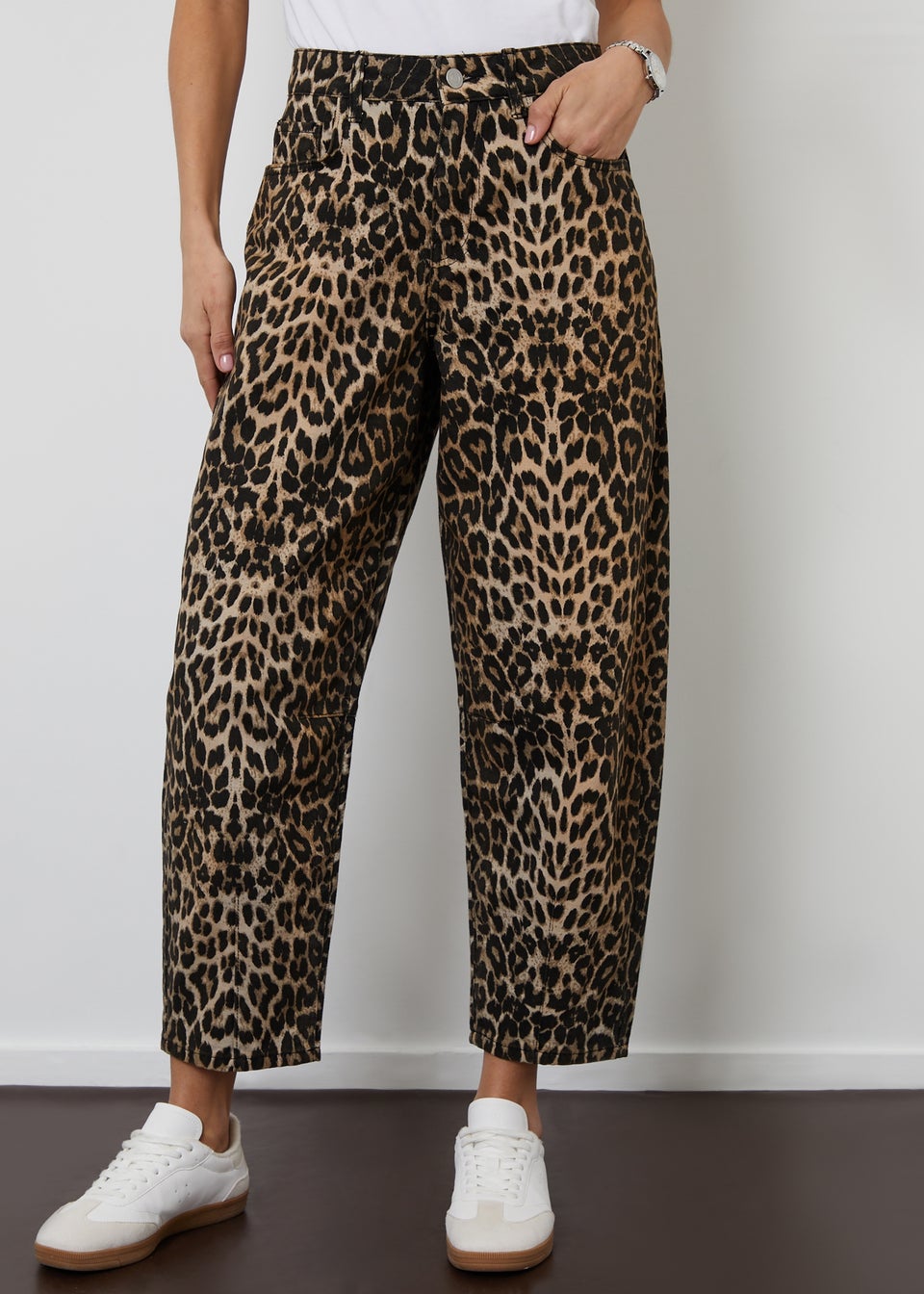Threadbare Brown Leopard Print Barrel Leg Denim Jeans