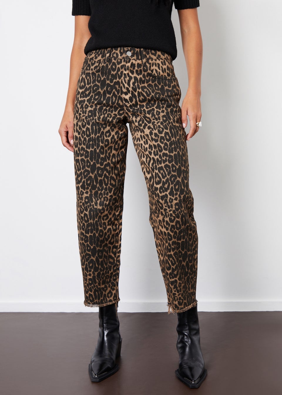 Threadbare Brown Leopard Print Barrel Leg Denim Jeans With Raw Hem 