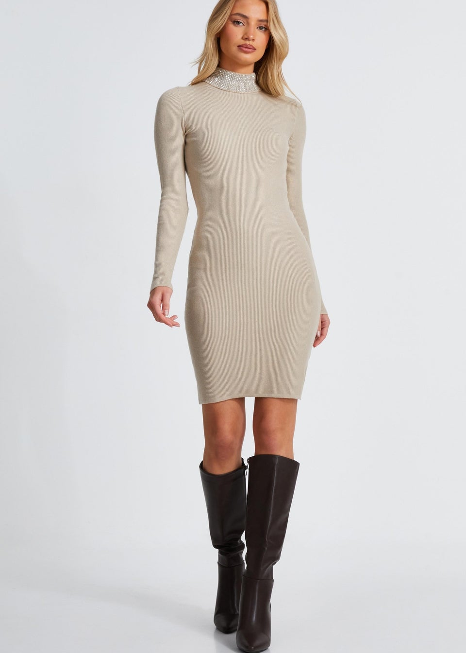 Quiz Stone Diamante Roll Neck Dress
