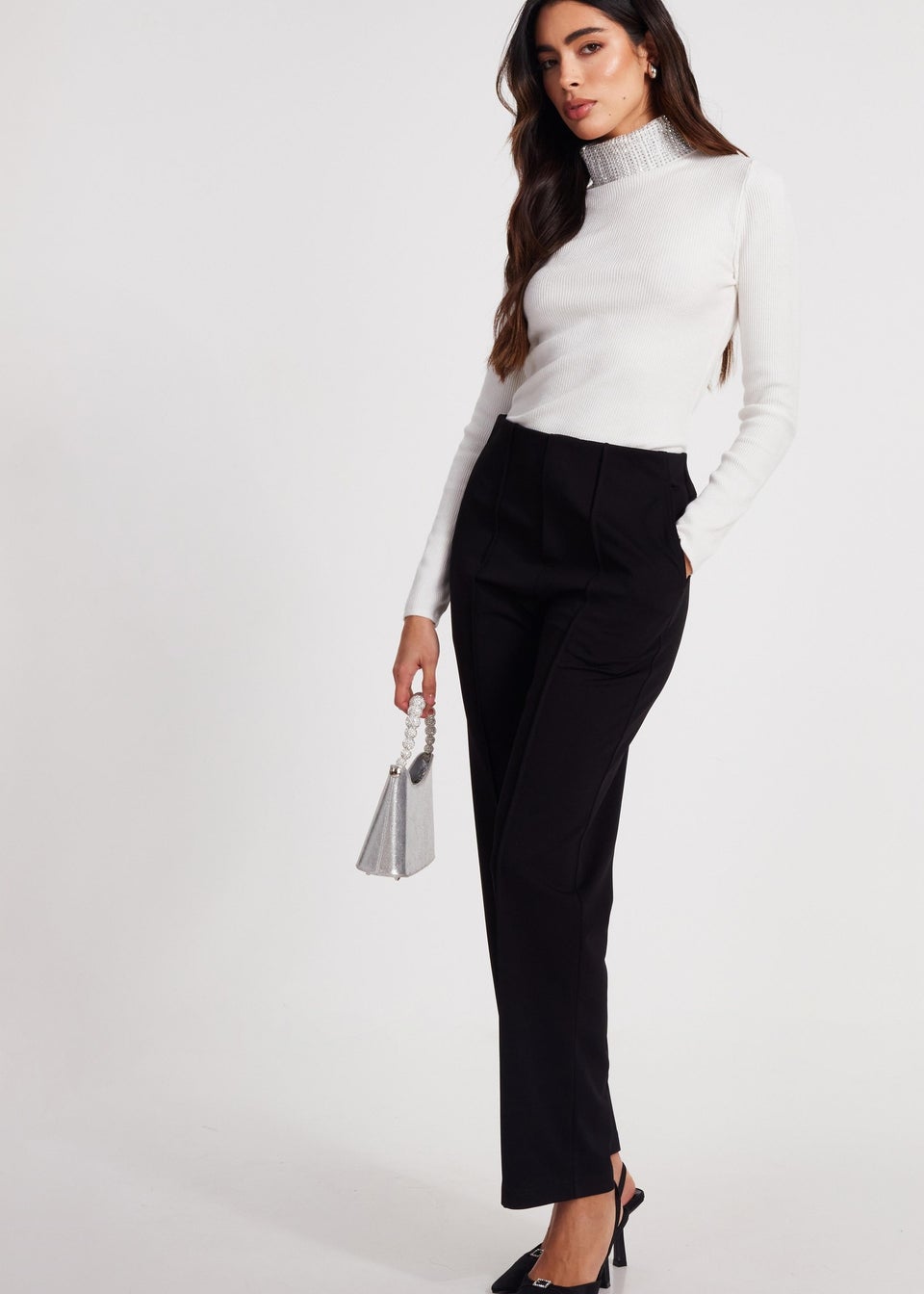Quiz Cream Diamante Turtle Neck Jumper