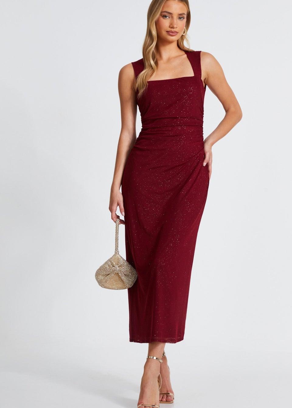 Quiz Burgundy Glitter Mesh Midaxi Dress