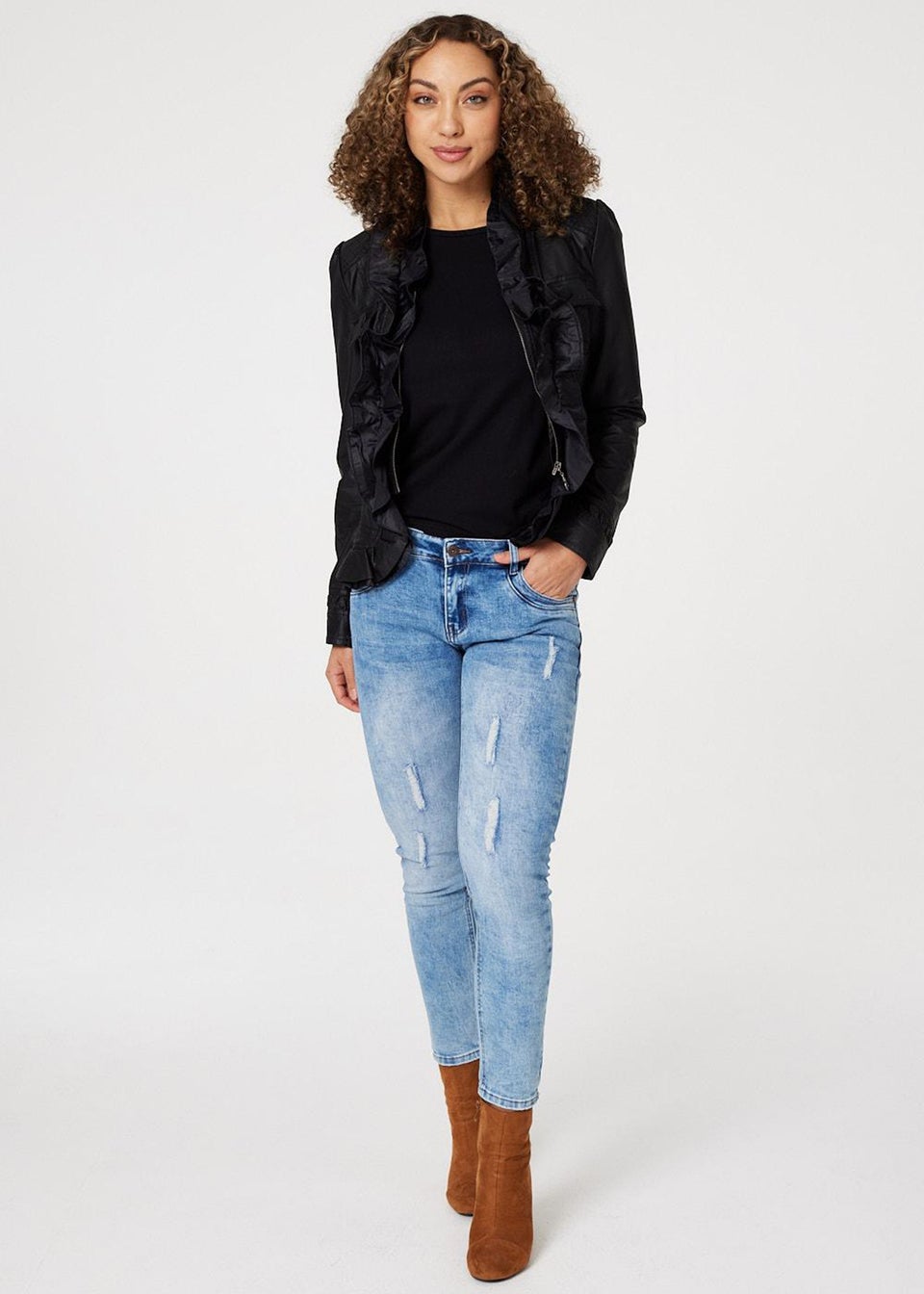 Izabel London Black Frilled Front Faux Leather Jacket