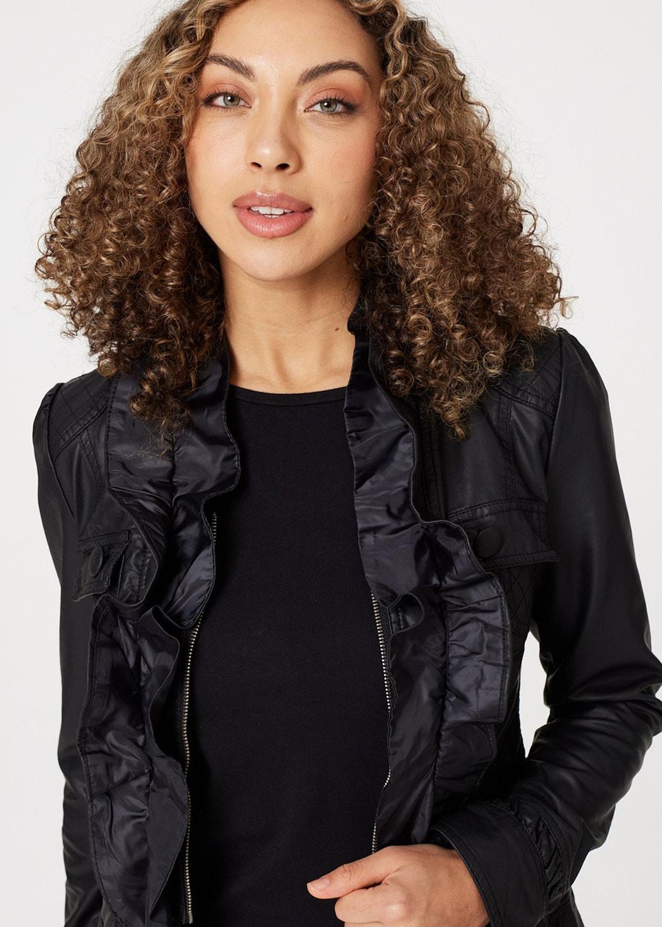 Izabel London Black Frilled Front Faux Leather Jacket