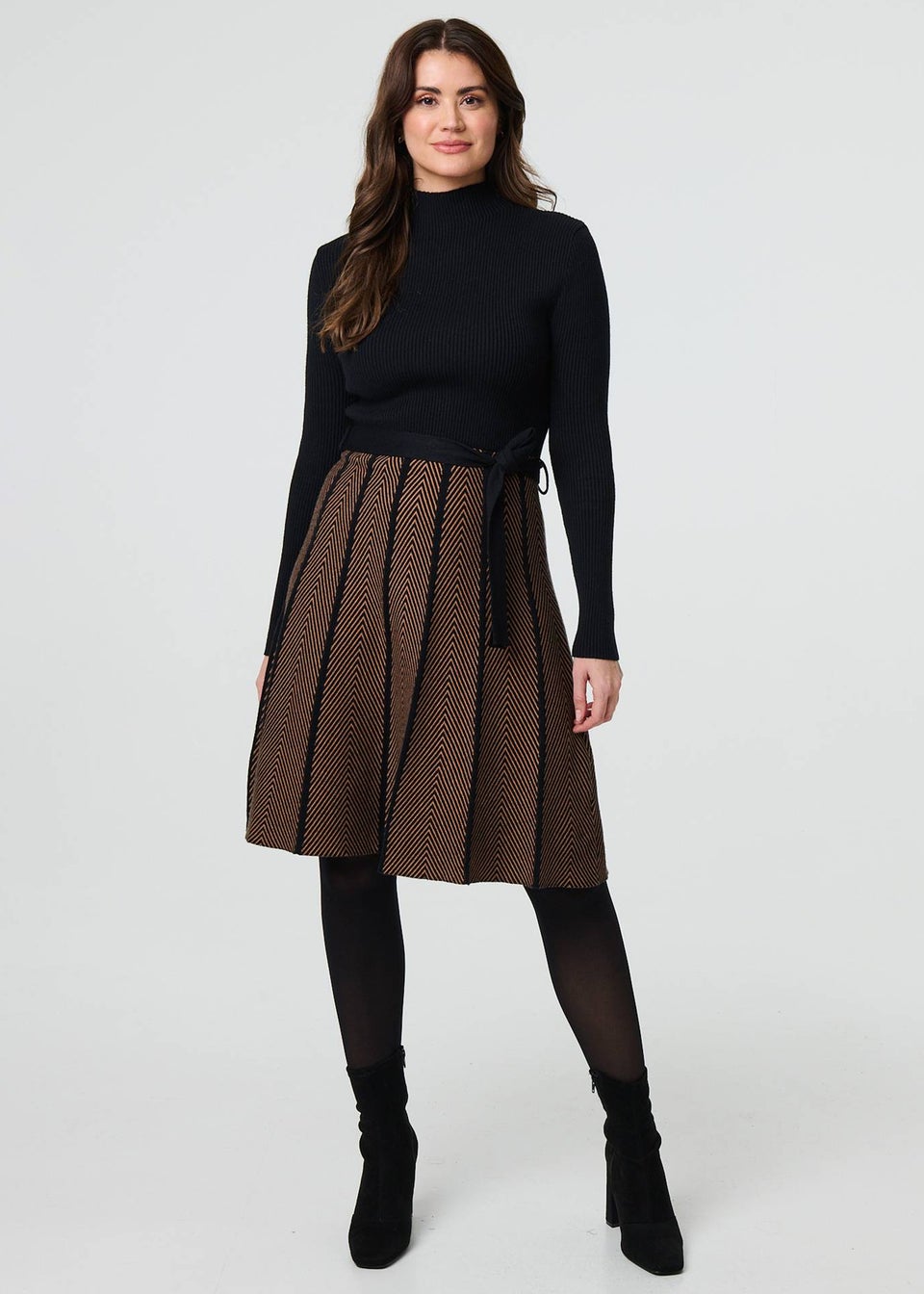 Izabel London Tan Chevron Print Fit & Flare Knit Dress