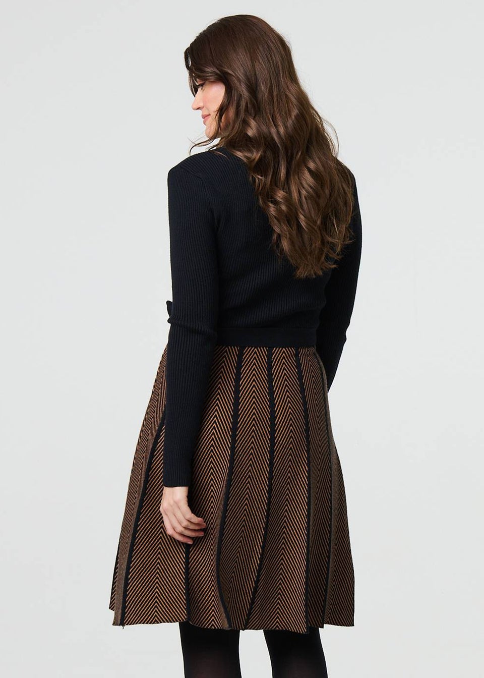 Izabel London Tan Chevron Print Fit & Flare Knit Dress