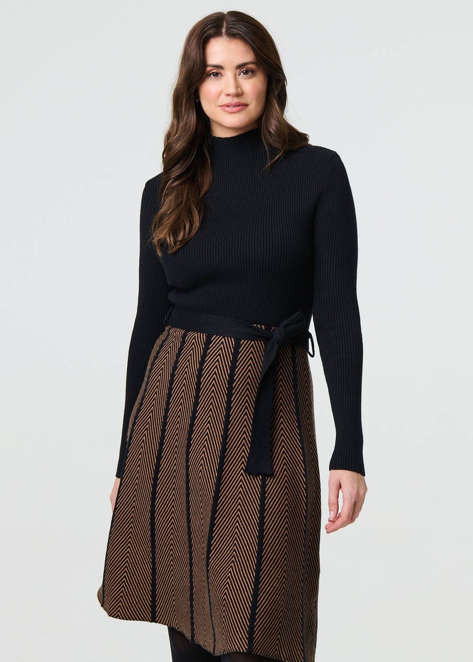 Izabel London Tan Chevron Print Fit & Flare Knit Dress