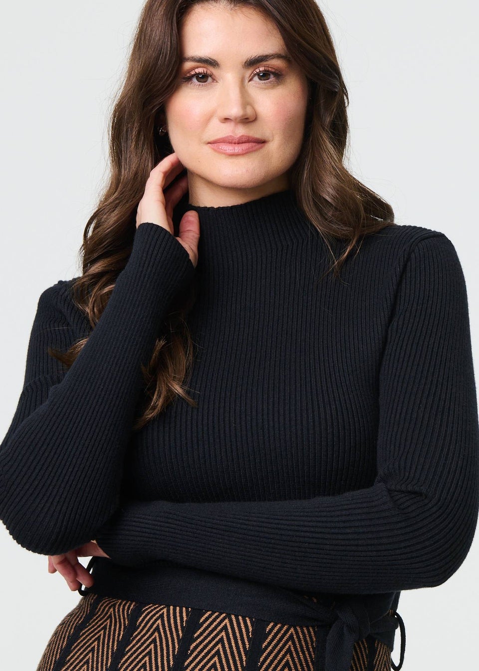 Izabel London Tan Chevron Print Fit & Flare Knit Dress