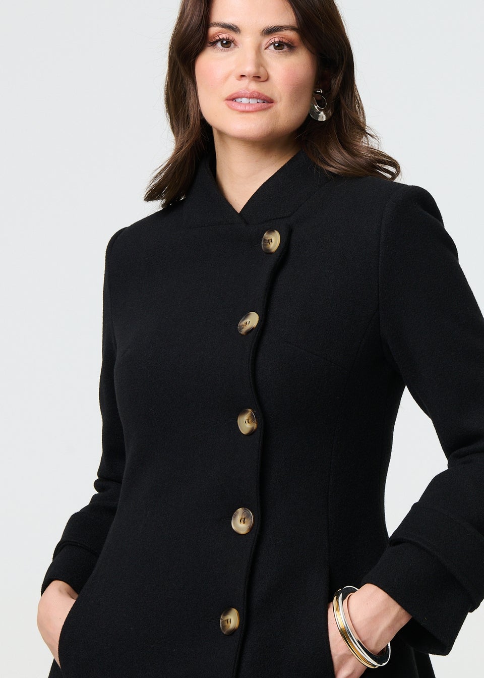 Izabel London Black Button Front Funnel Neck Coat