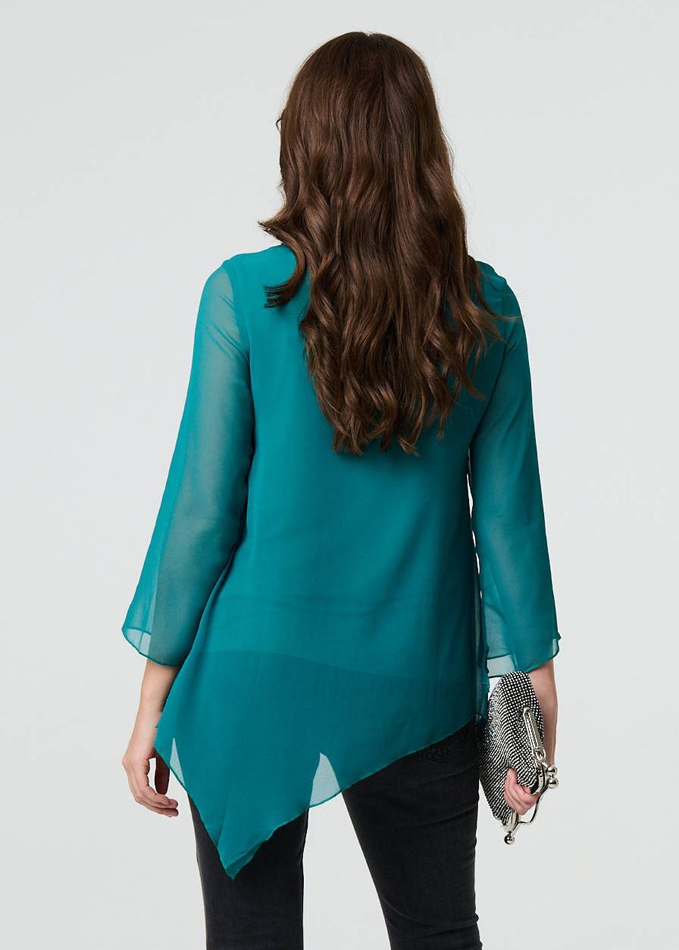 Izabel London Green Contrast Stitch Semi Sheer Hanky Hem Top