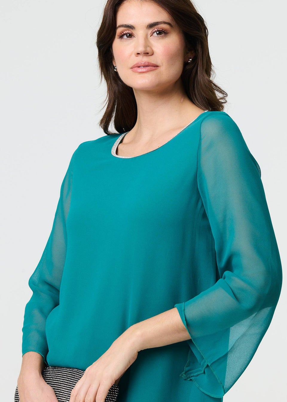 Izabel London Green Contrast Stitch Semi Sheer Hanky Hem Top