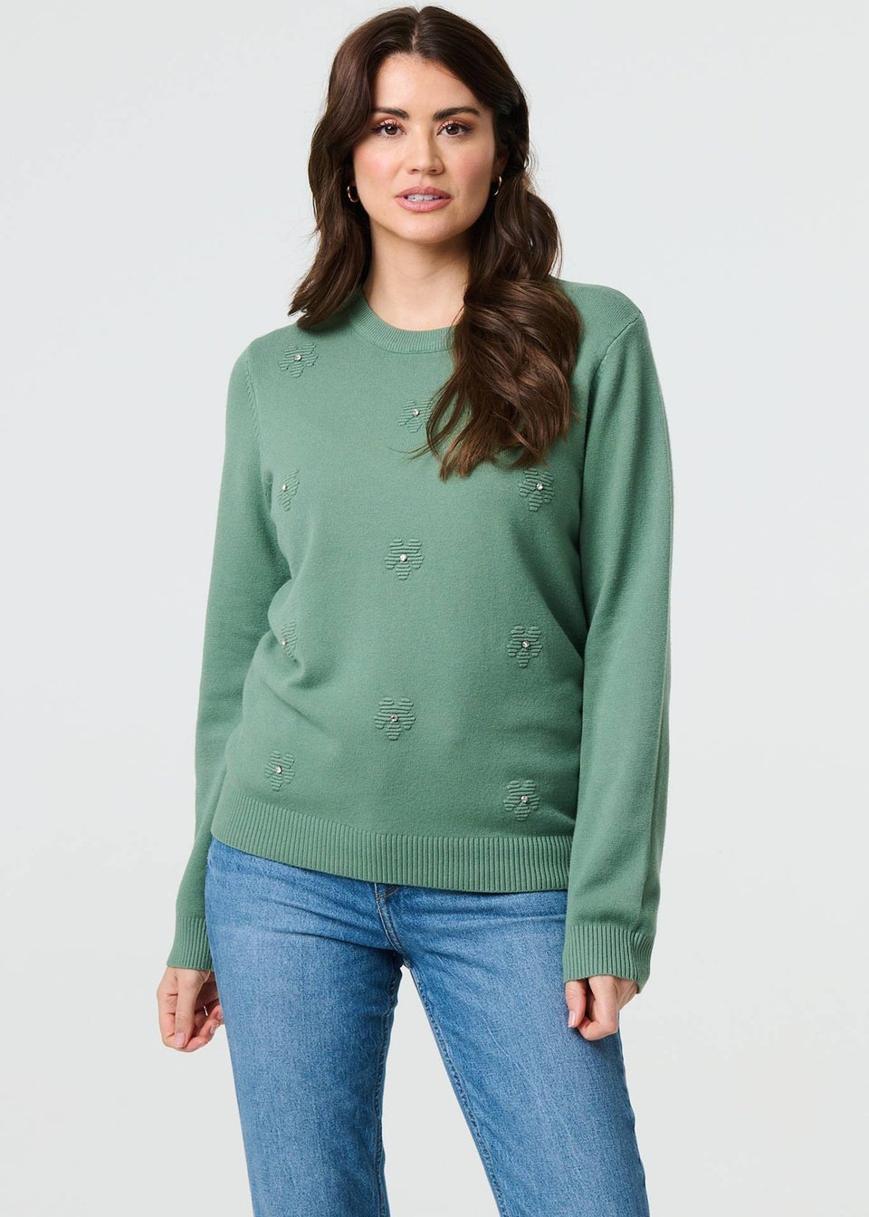 Izabel London Sage Floral Gemstone Embellished Jumper