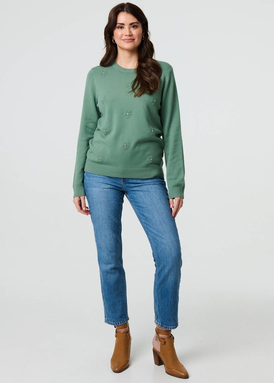 Izabel London Sage Floral Gemstone Embellished Jumper