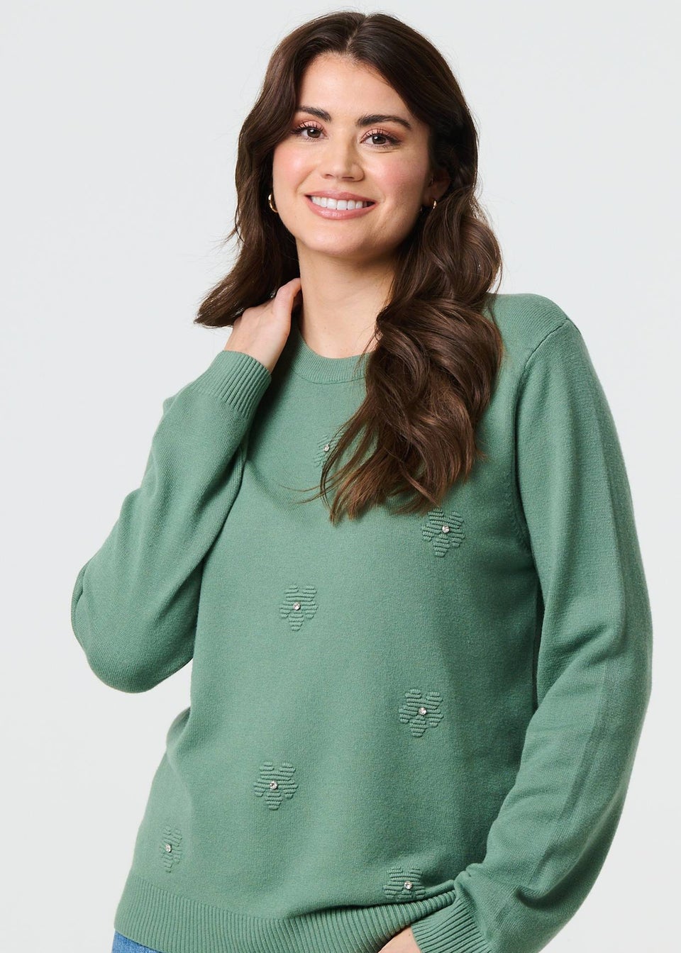 Izabel London Sage Floral Gemstone Embellished Jumper