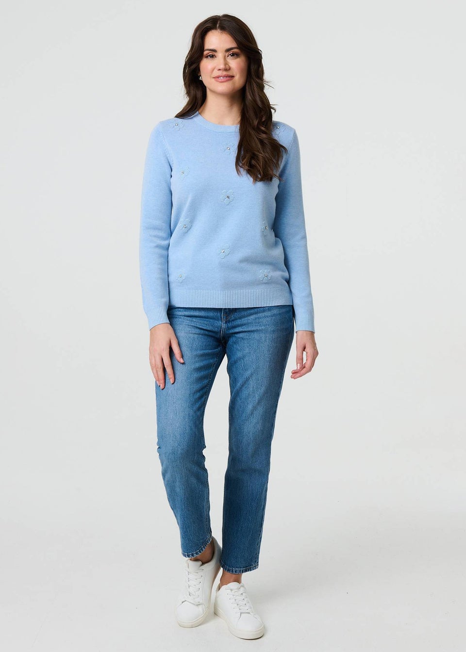 Izabel London Light Blue Floral Gemstone Embellished Jumper