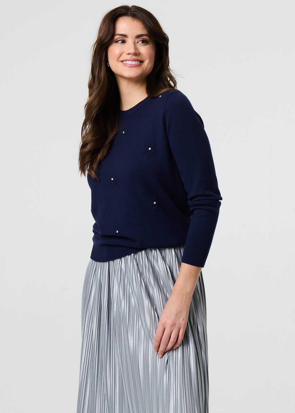 Izabel London Navy Floral Gemstone Embellished Jumper