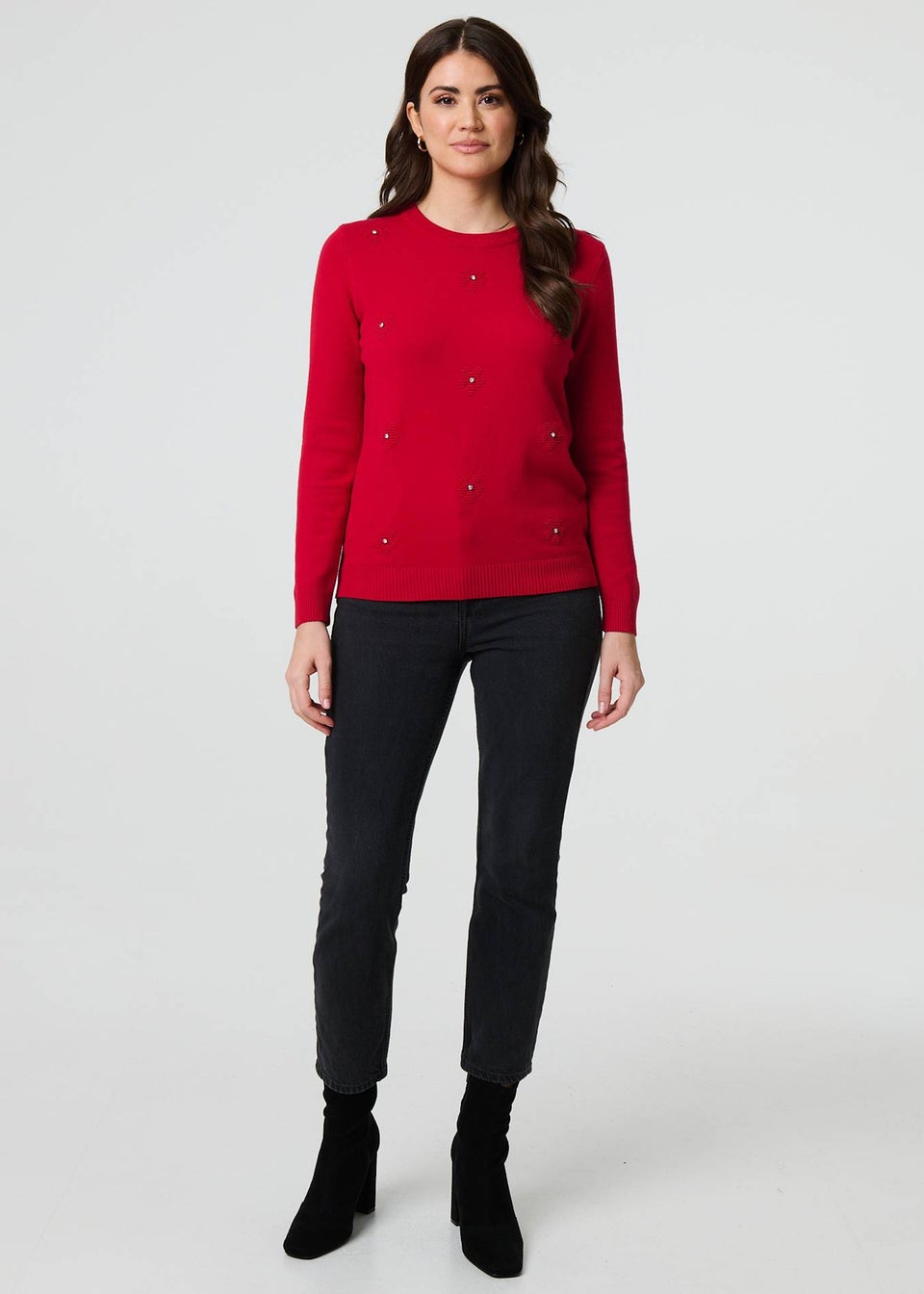 Izabel London Red Floral Gemstone Embellished Jumper