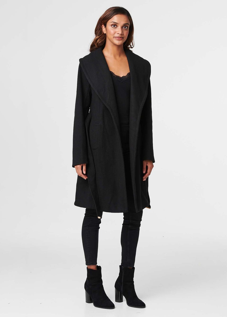 Izabel London Black Wrap Front Tie Waist Coat